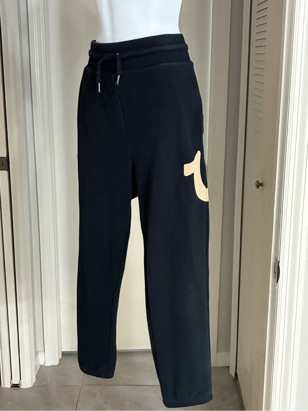 True Religion Women’s Navy Blue Sweatpants with Cream Logo Accent